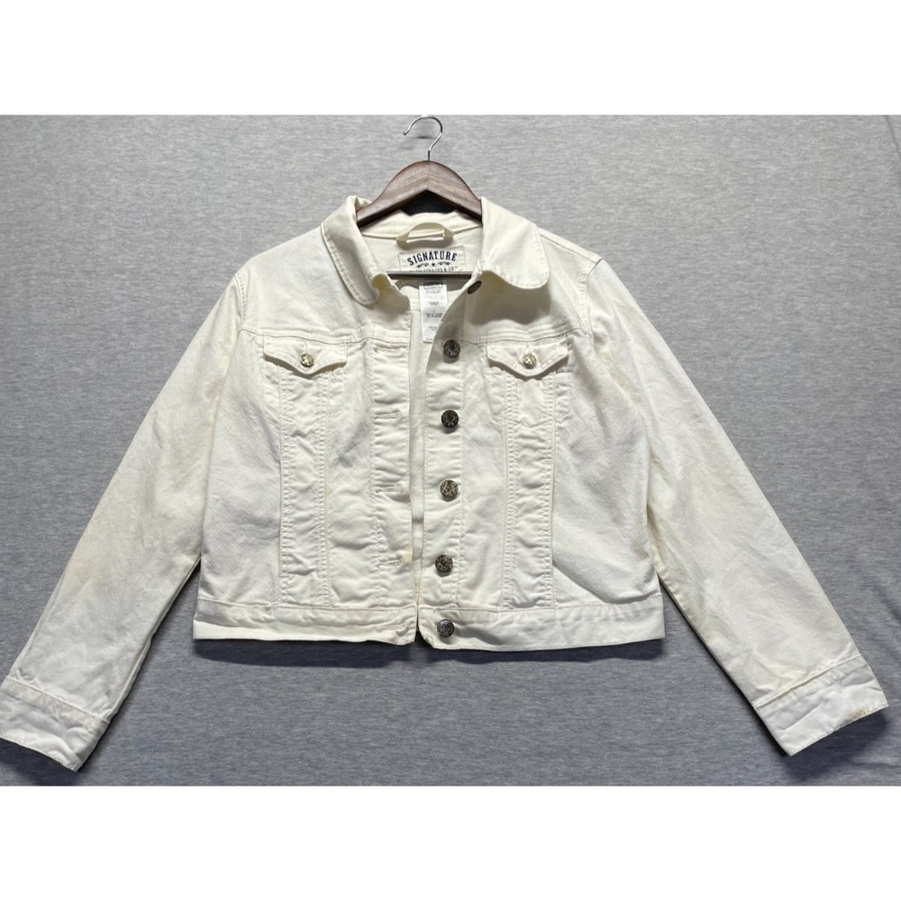 Signature by Levi Cropped Trucker Jacket Womens Large Cream Denim Button Front